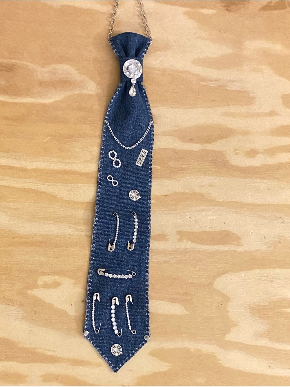 Denim Tie Necklace with Silver-Tone Pin & Chain Accents